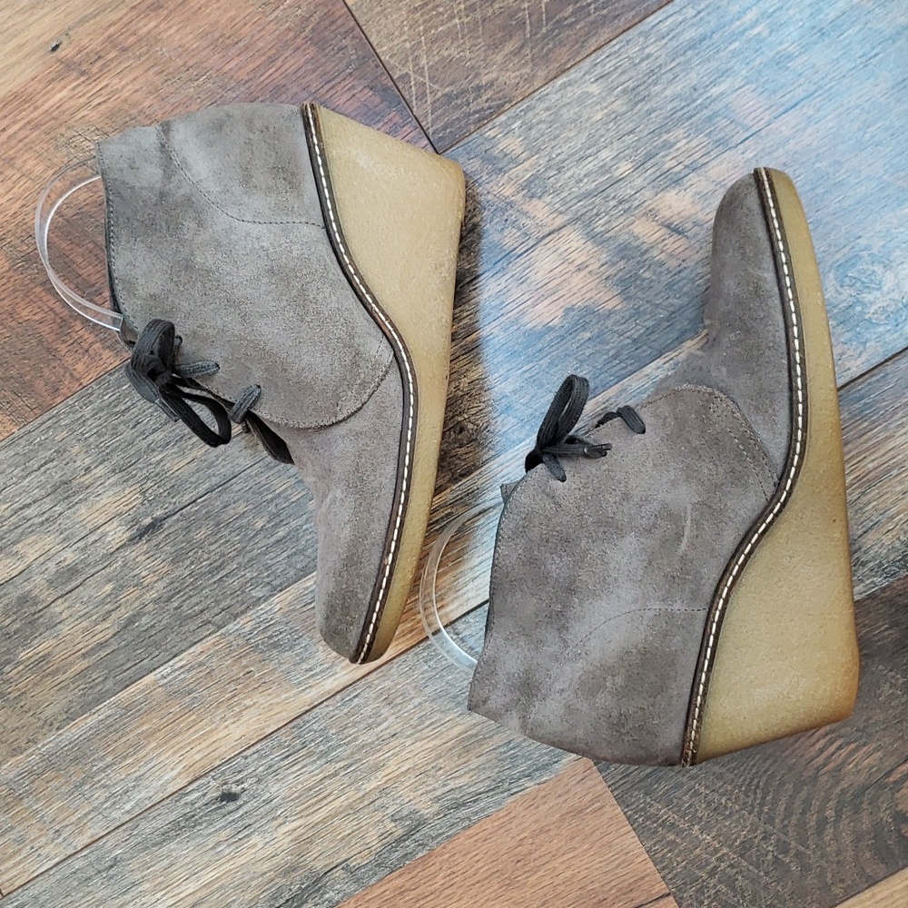 J Crew MacAlister Gray Italian Suede Leather Wedge Boots, Size 8